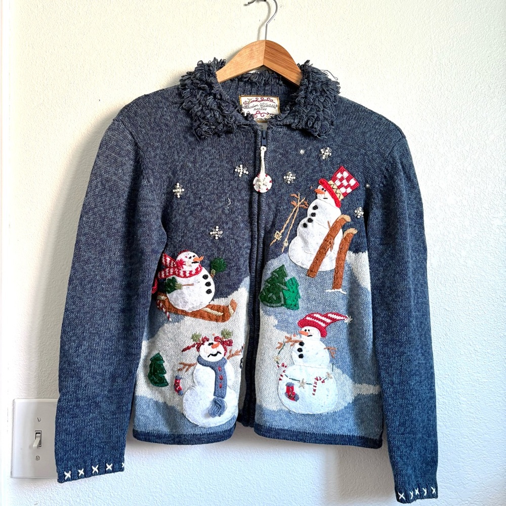 Vintage Heirloom Collectibles Snowman Christmas Zip Up Sweater